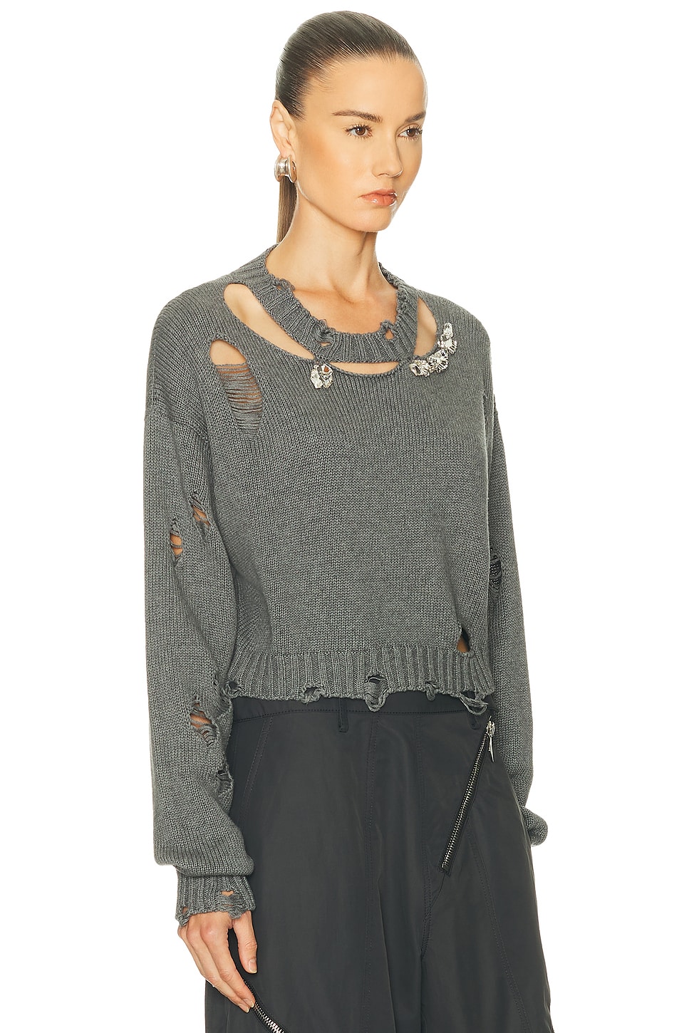 Area Crystal Distressed Crop Cashmere Sweater In Gray