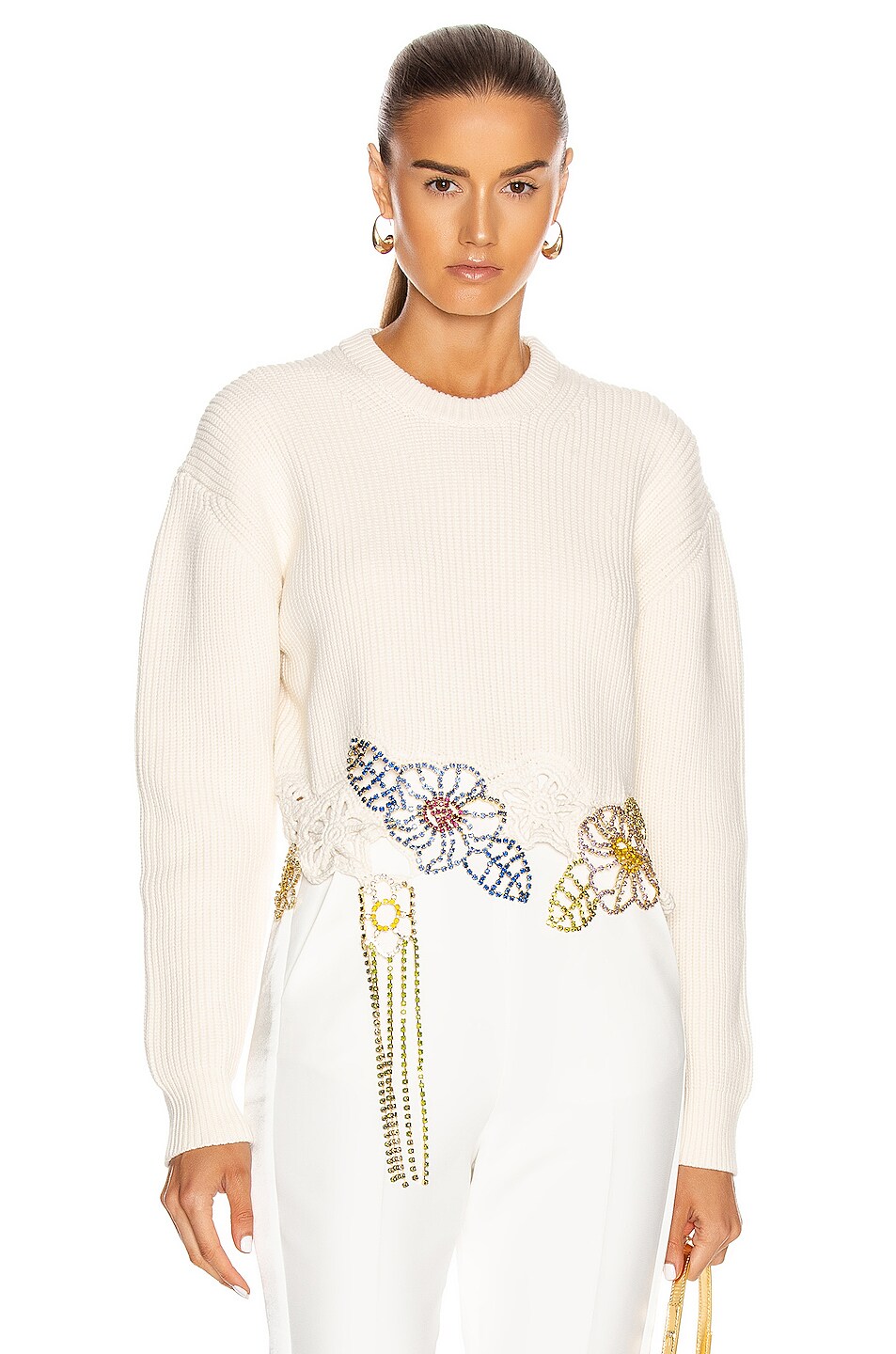 Image 1 of AREA Crochet Cropped Sweater in Ivory