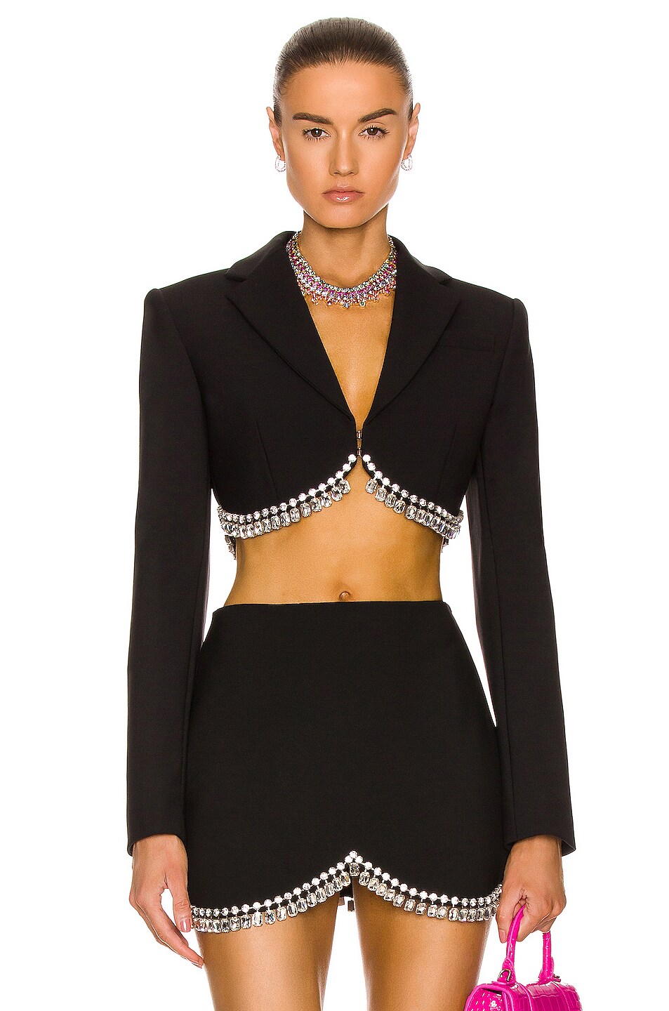 Image 1 of AREA Draped Crystal Cropped Blazer in Black