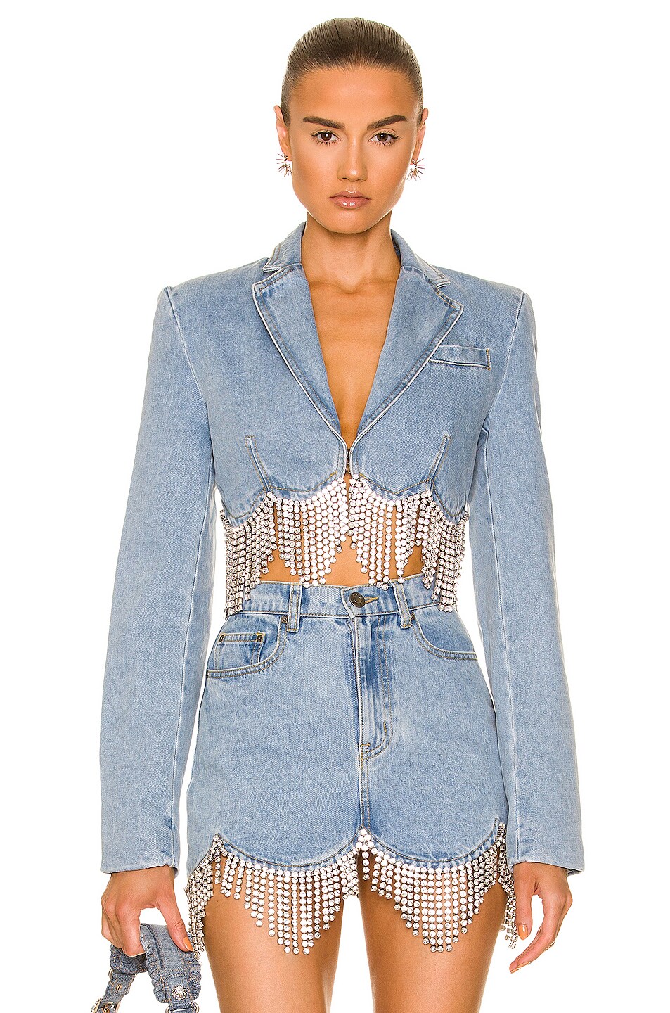 Image 1 of AREA Scalloped Crystal Cropped Jacket in Light Blue
