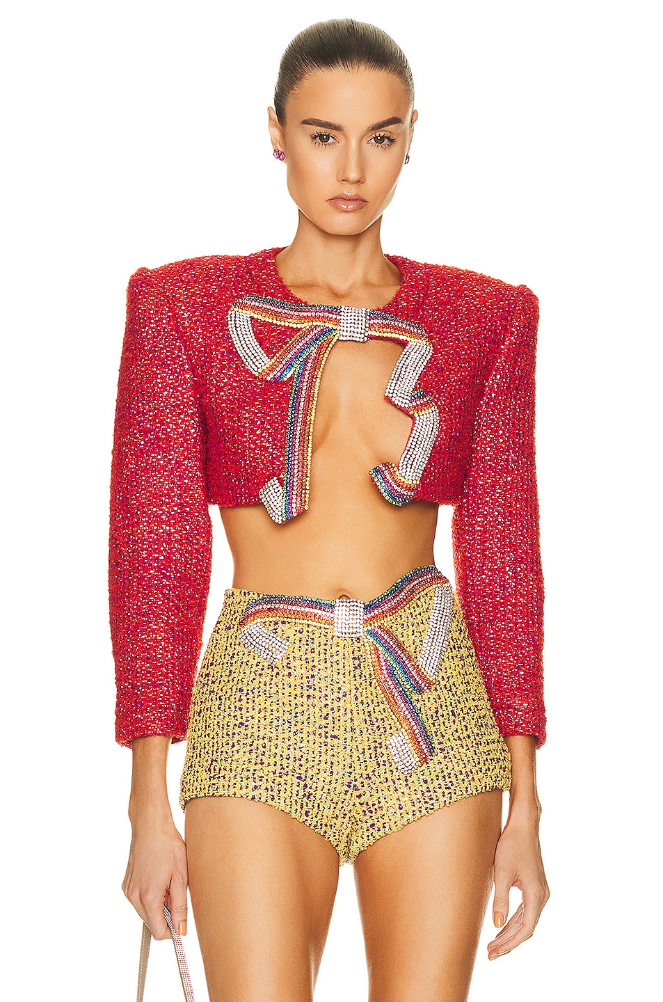 Image 1 of AREA Crystal Bow Cropped Jacket in Red