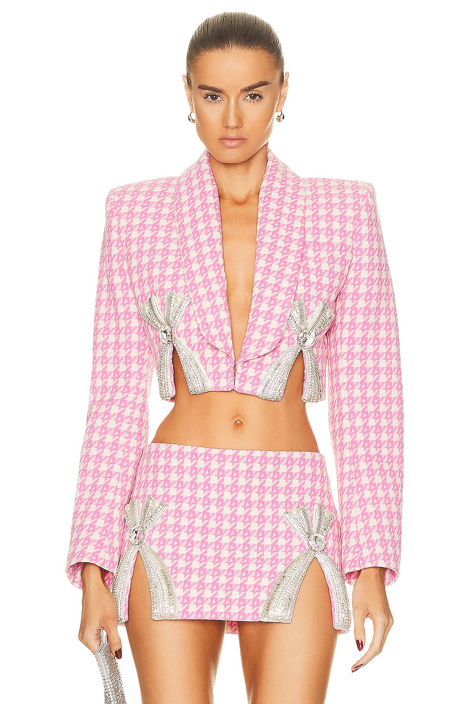 Image 1 of AREA Deco Bow Slit Cropped Blazer in Pink Multi