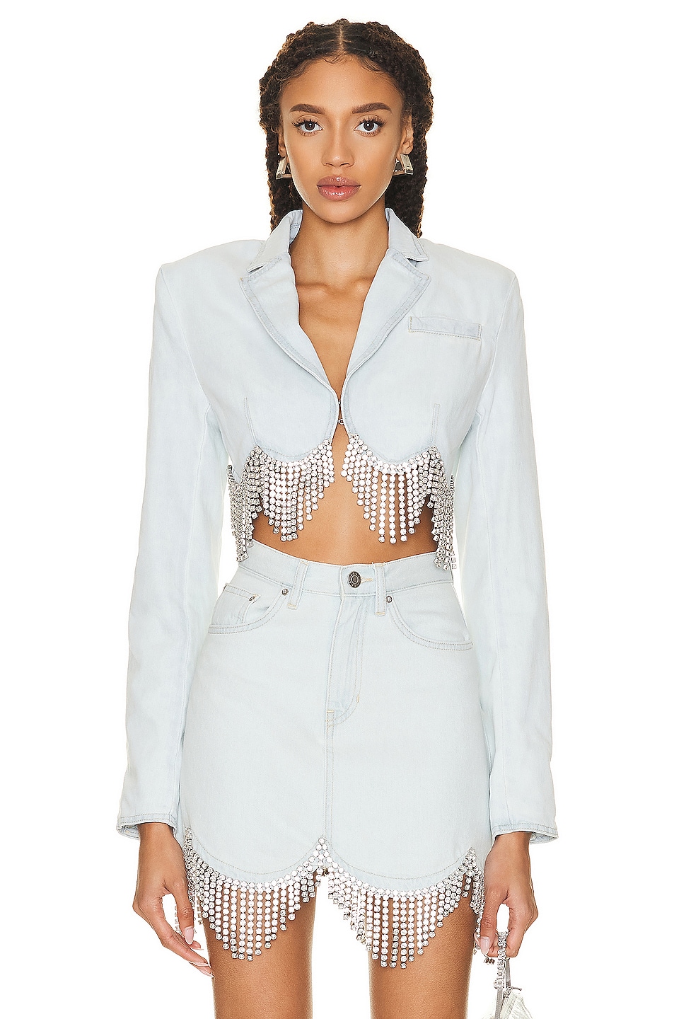 Scalloped Crystal Cropped Denim Jacket in Blue