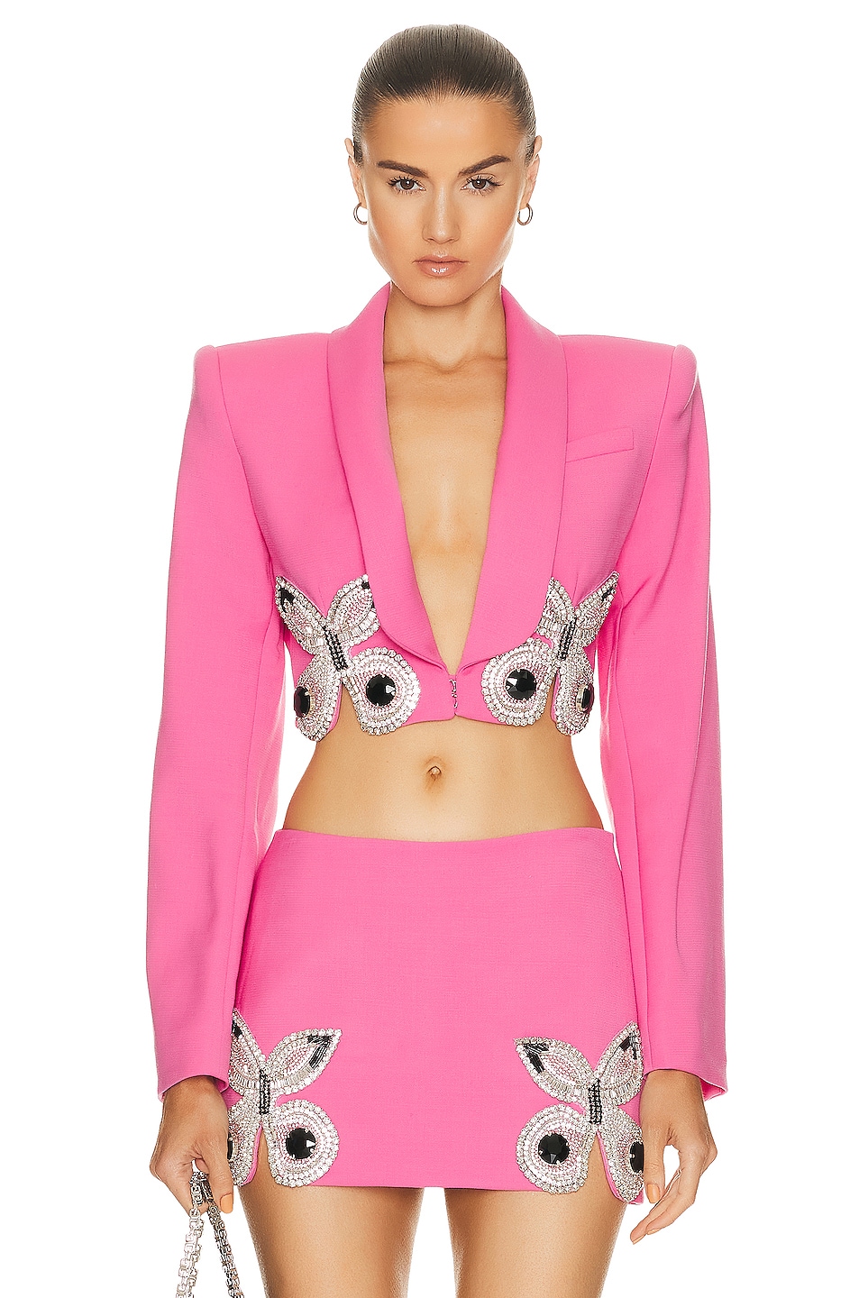 Image 1 of AREA Embroidered Butterfly Cropped Blazer In Carmine Pink in Carmine Rose