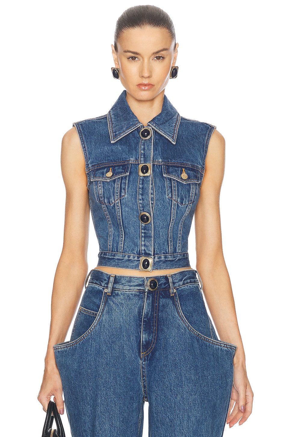 Gemstone Button Denim Gilet in Denim-Medium