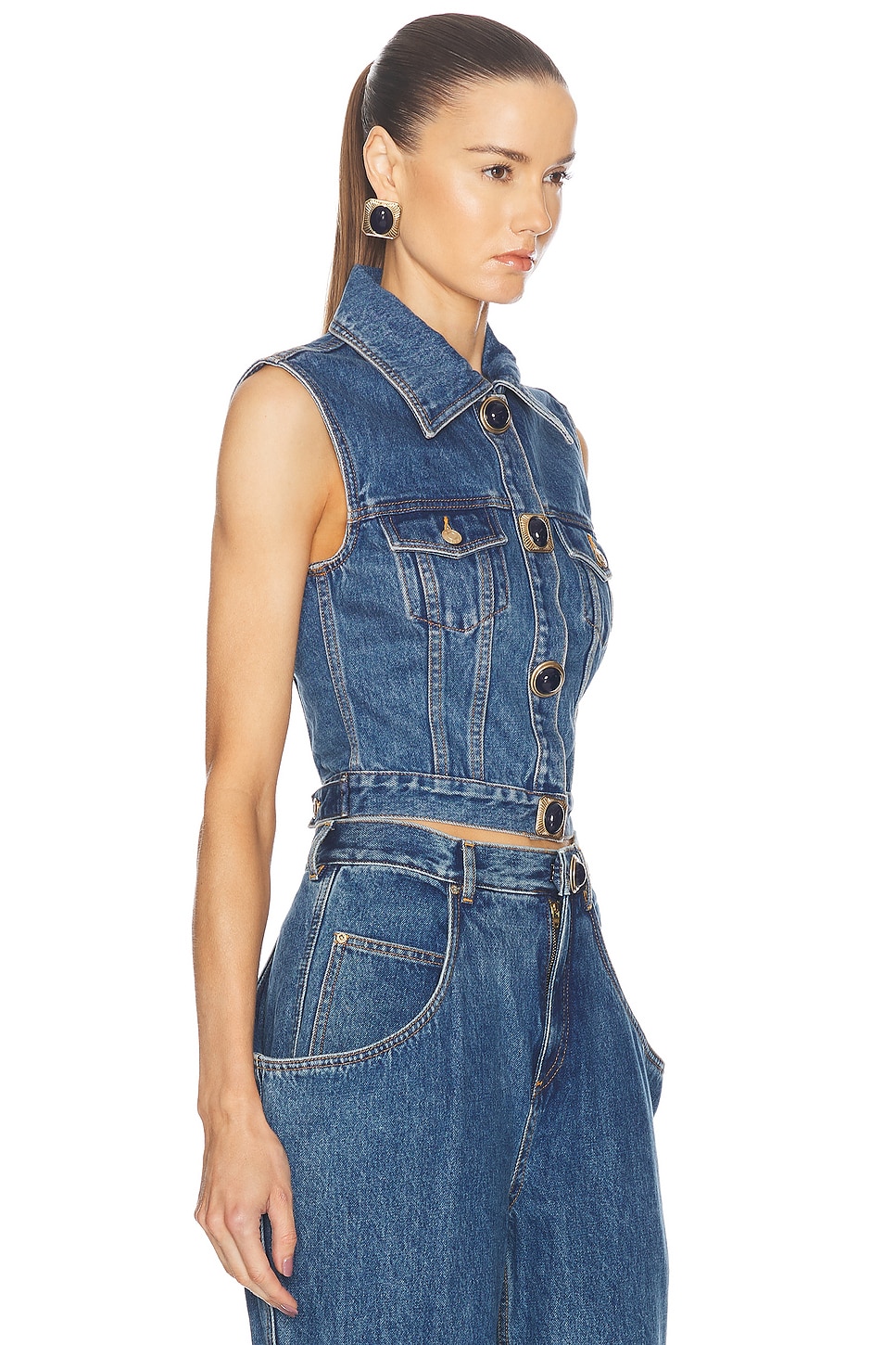 Shop Area Gemstone Button Denim Gilet In Medium Blue