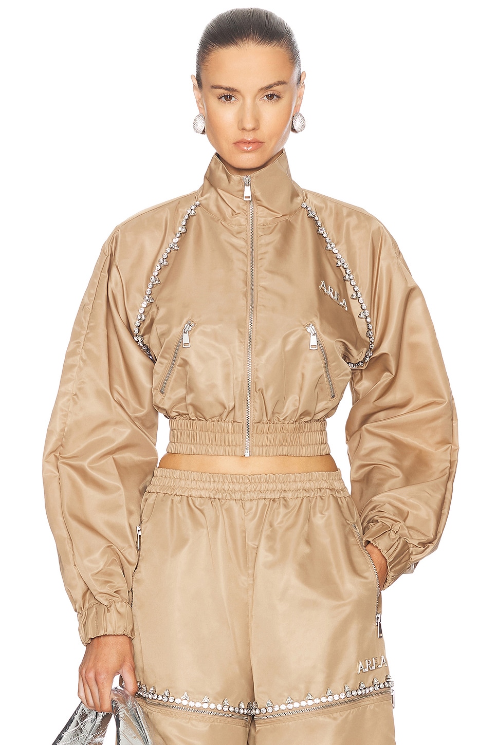 Image 1 of AREA Crystal Trim Track Jacket in Camel