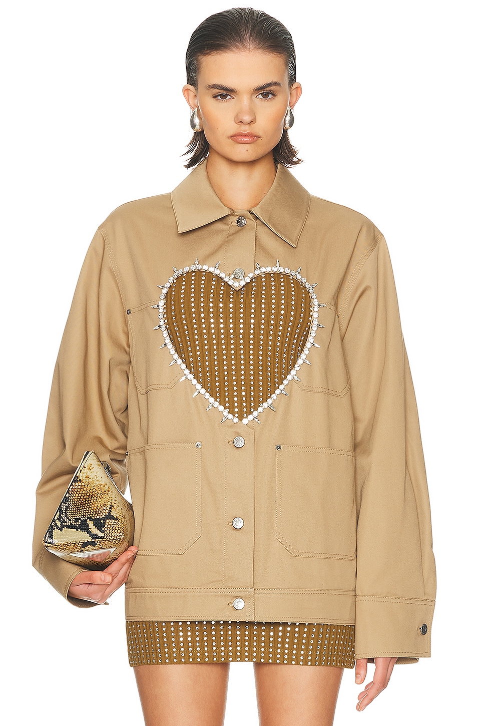 Area Crystal Heart Cutout Cargo Jacket In Brown