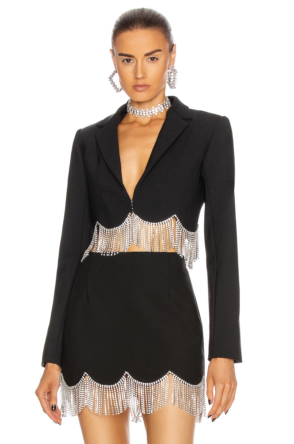 Image 1 of AREA Scalloped Crystal Hem Cropped Blazer in Black & Clear