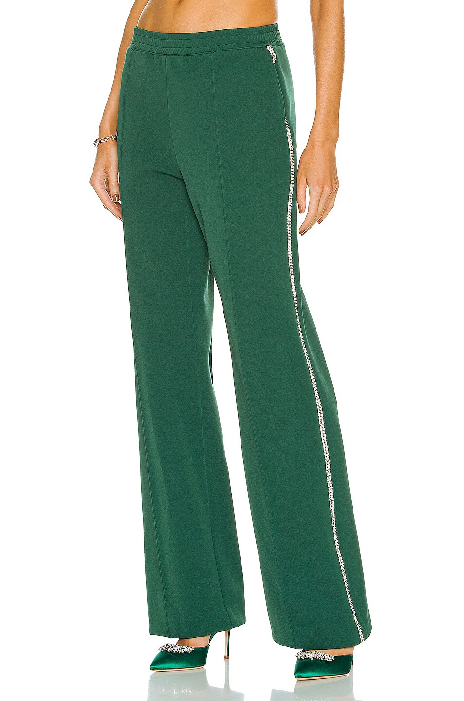 Image 1 of AREA Crystal Trim Wide Leg Track Pant in Forest