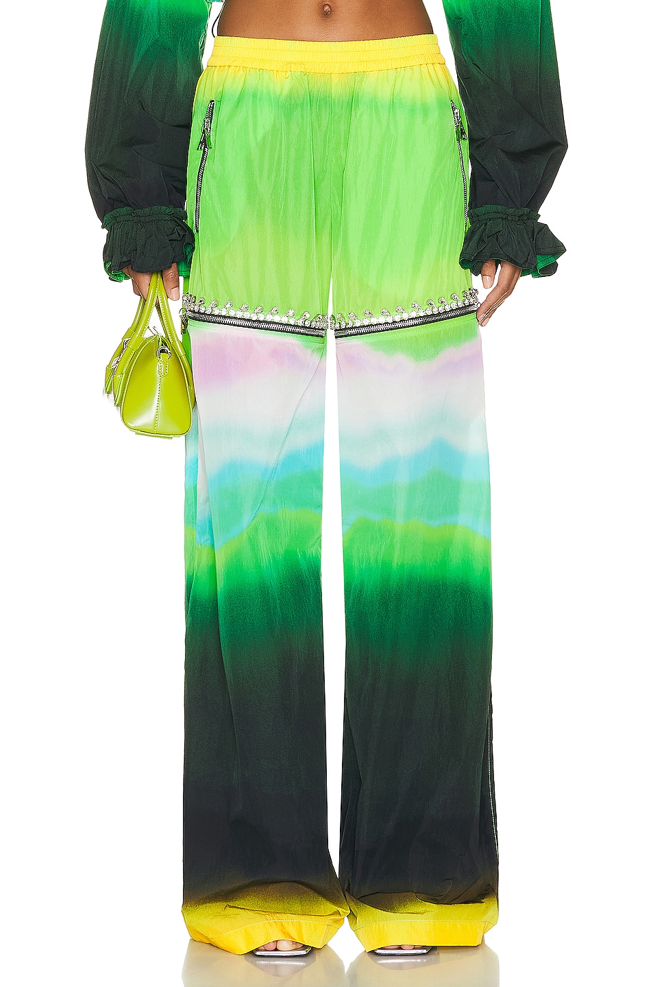 Image 1 of AREA Ombre Nylon Crystal Slit Track Pant in Green Multi