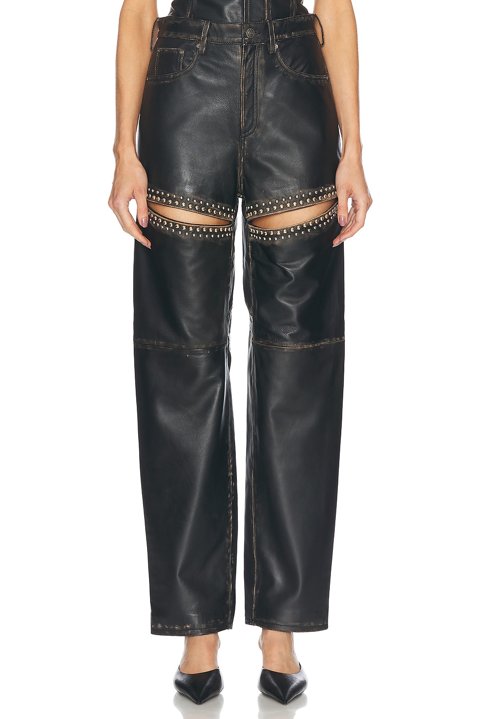 Image 1 of AREA Studded Leather Slit Leg Pant in Black