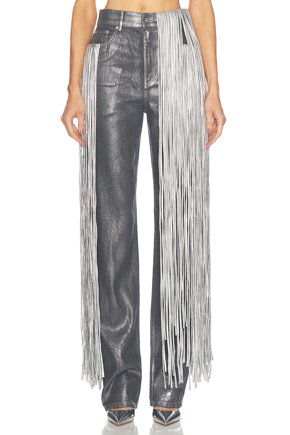 Metallic Fringe Straight Leg Pant in Metallic Silver