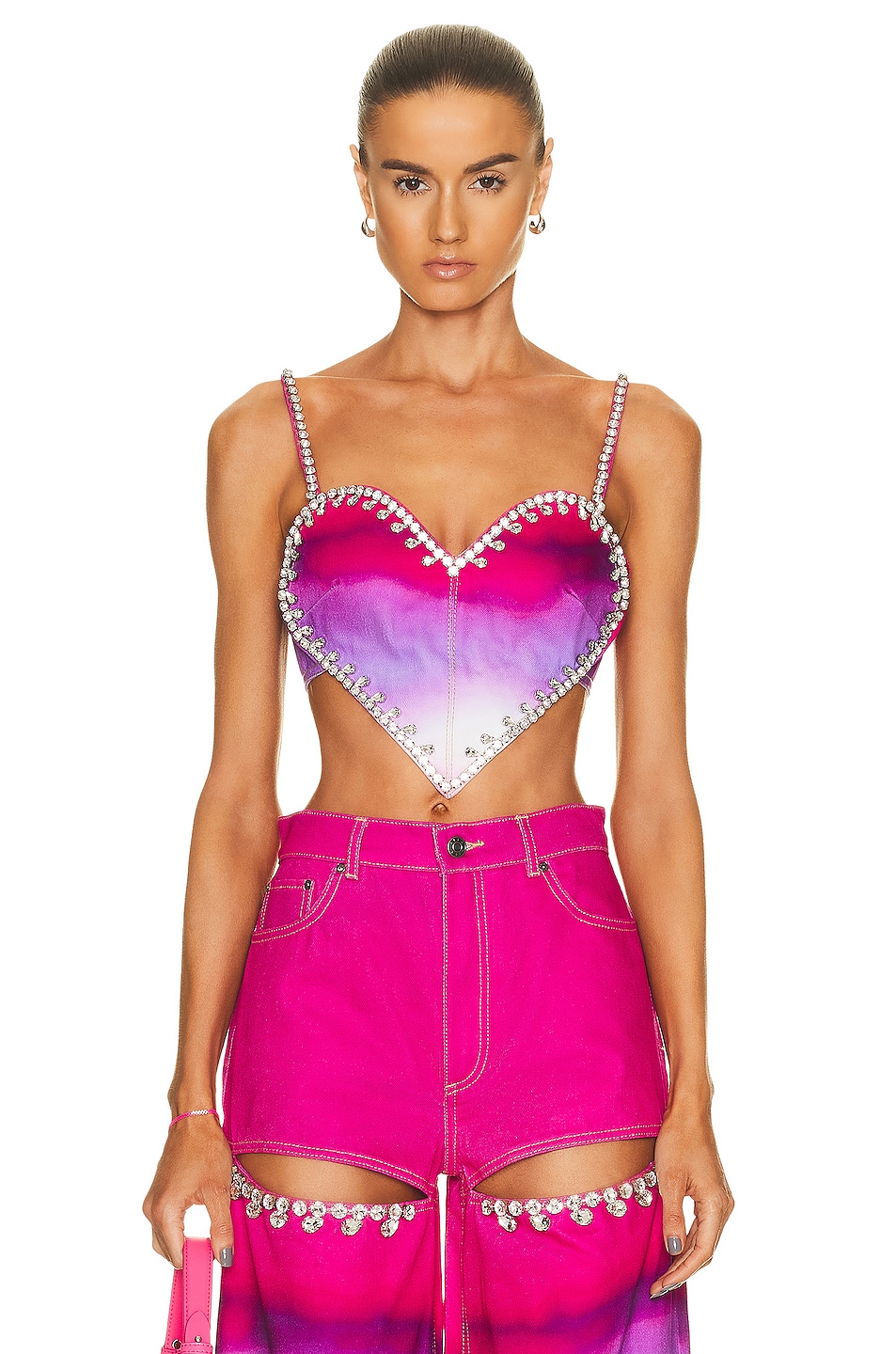 Image 1 of AREA Crystal Trim Ombre Denim Heart Top in Pink Multi