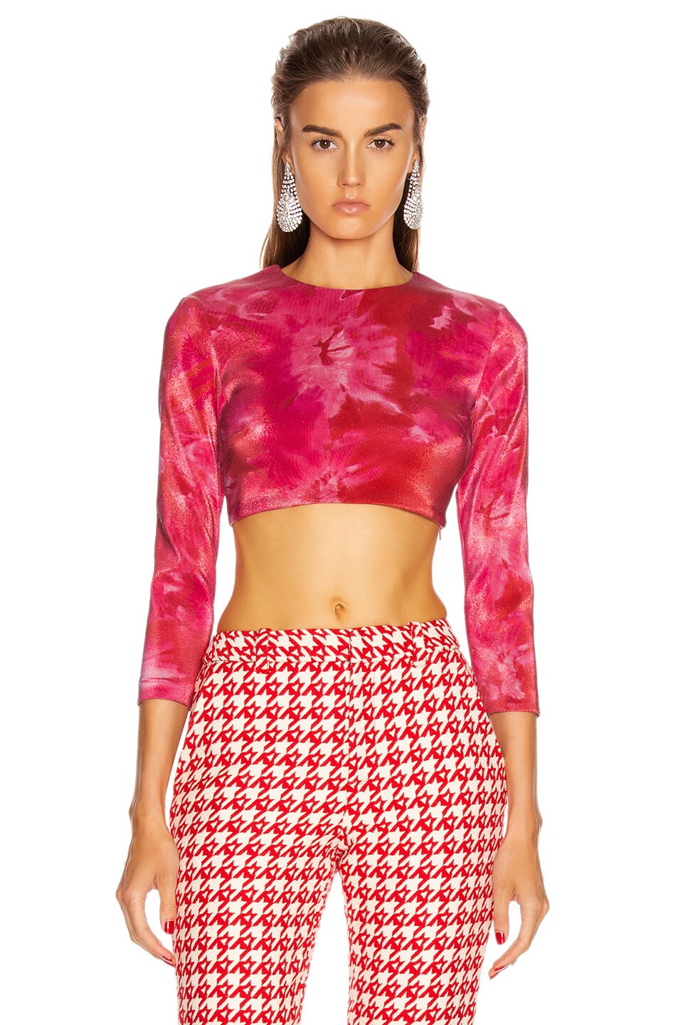 Image 1 of AREA Long Sleeve Cropped Top in Ruby & White