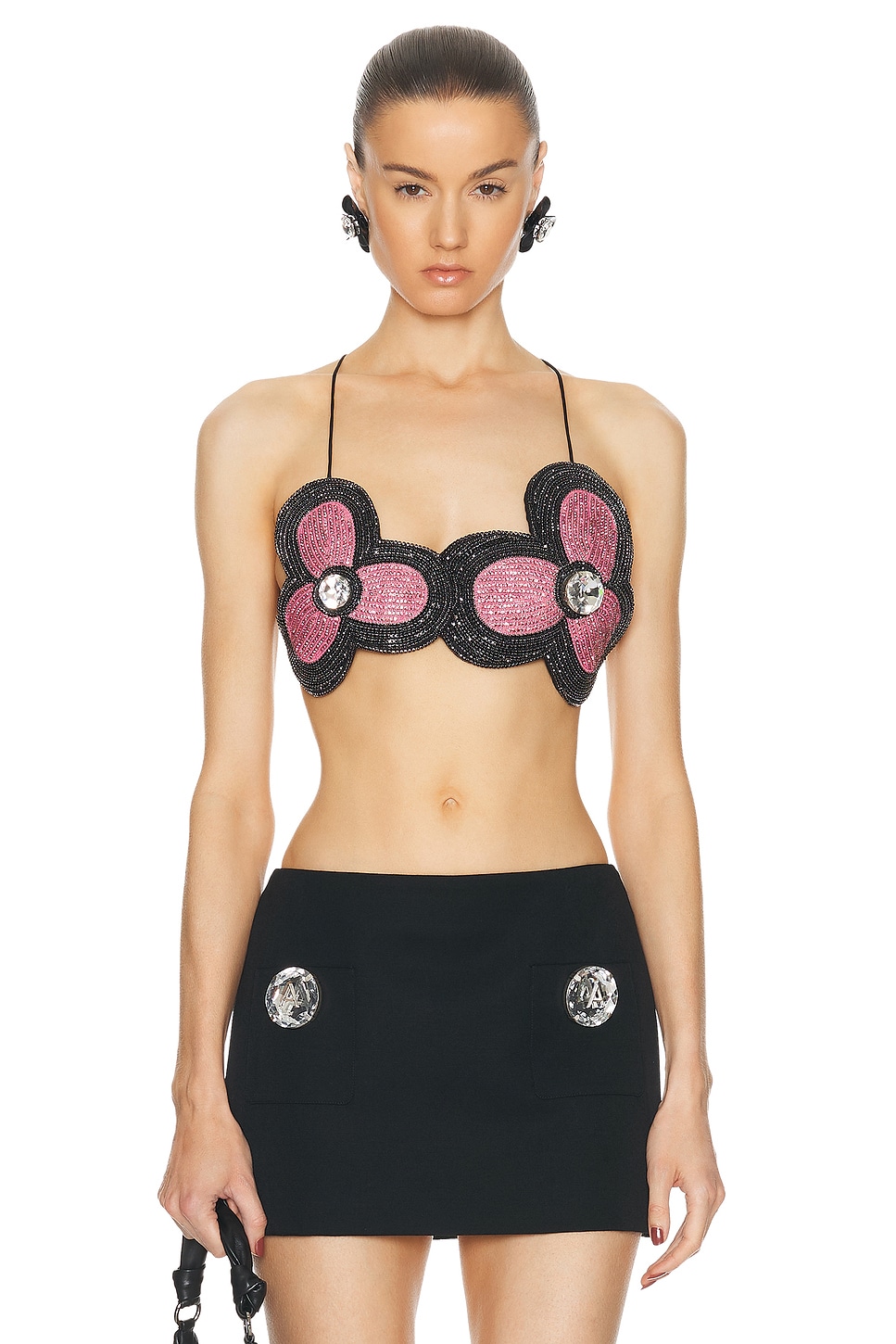 Image 1 of AREA Embroidered Crystal Flower Bra Top in Multi Pink
