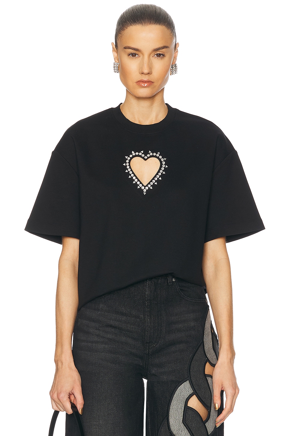 Crystal Heart Cutout T-Shirt in Black