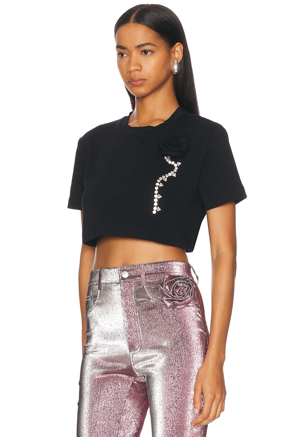 Shop Area Crystal Rosette Cropped T-shirt In Black