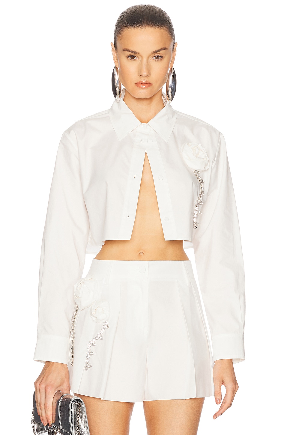 Image 1 of AREA Crystal Rosette Poplin Cropped Shirt in Off White