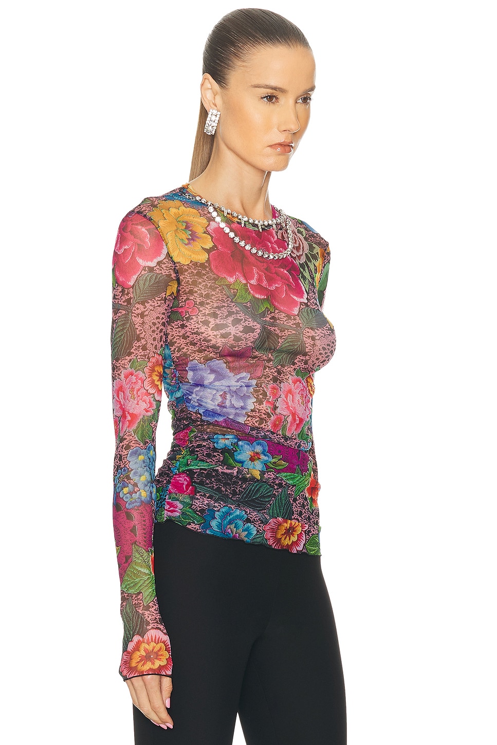 Area Crystal Embellished Printed Tulle Long Sleeve Top In Multi