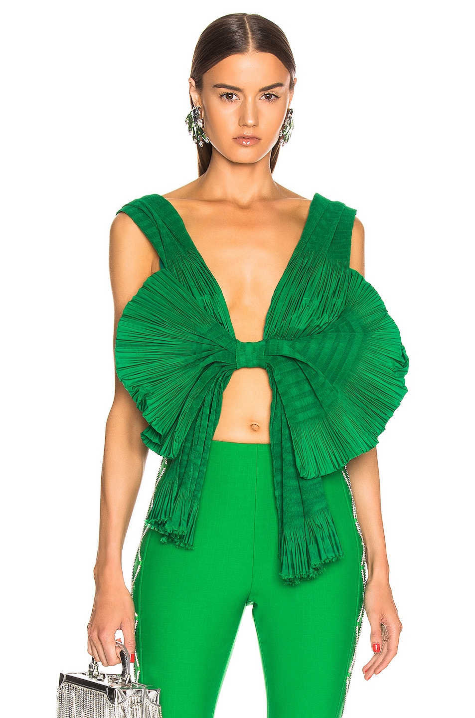 Image 1 of AREA Pleated Bow Top in Emerald