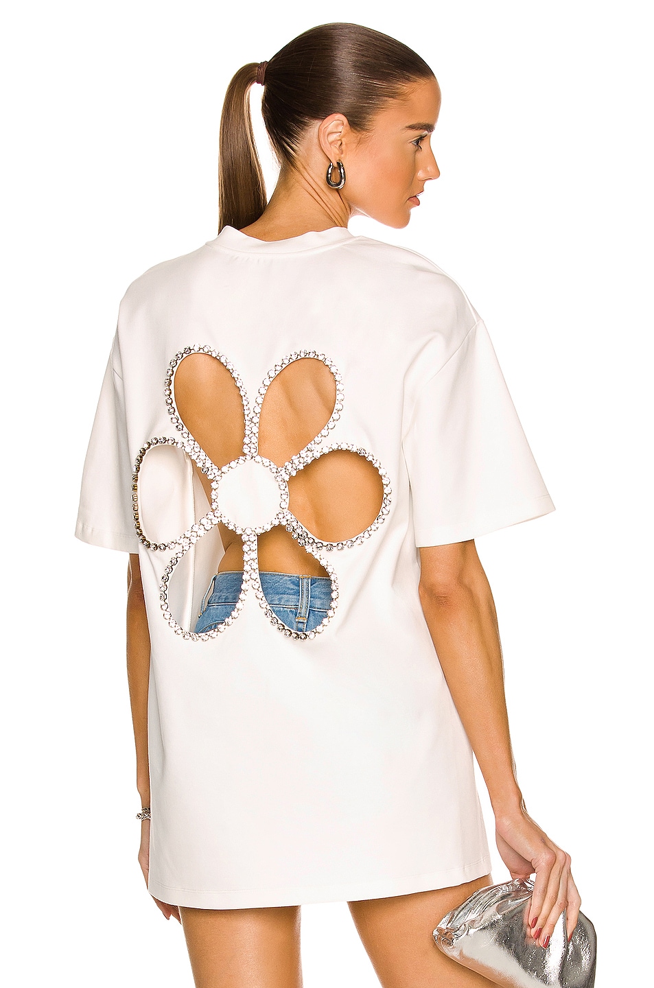 Image 1 of AREA Crystal Daisy Cutout Relaxed T-Shirt in White