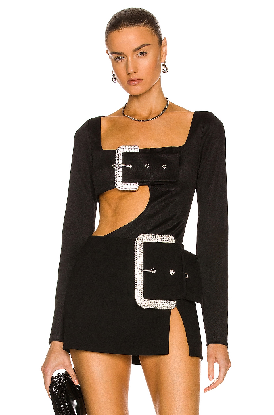 Image 1 of AREA Crystal Buckle Cutout Bodysuit in Black