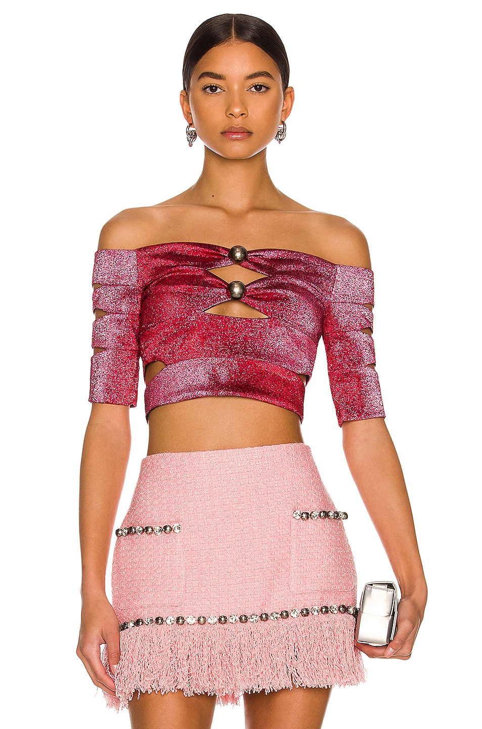 Image 1 of AREA Banded Crop Top in Pink & Red