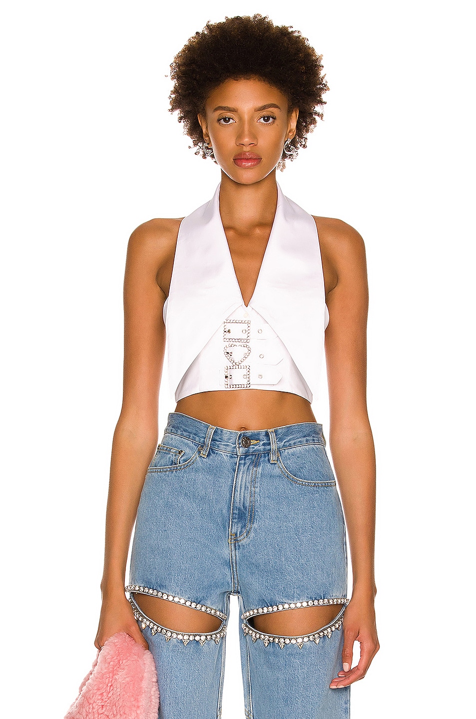 Image 1 of AREA Crystal Buckle Crop Top in White