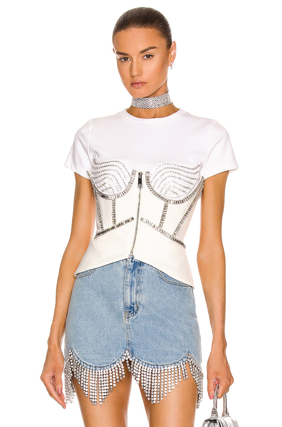 Image 1 of AREA Baguette Crystal Stitched Corset Top in Ivory