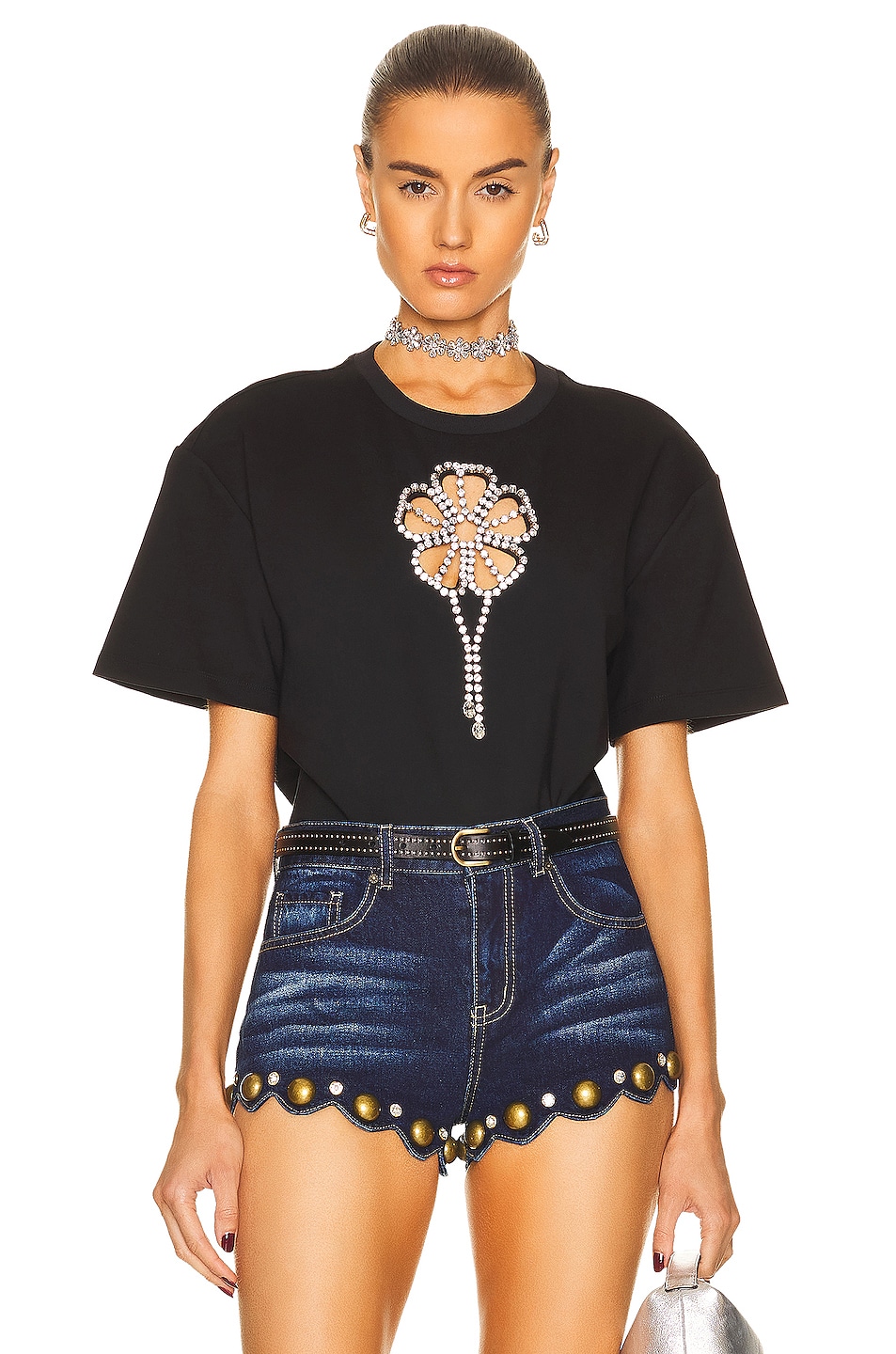 Image 1 of AREA Crystal Flower Relaxed T-Shirt in Black