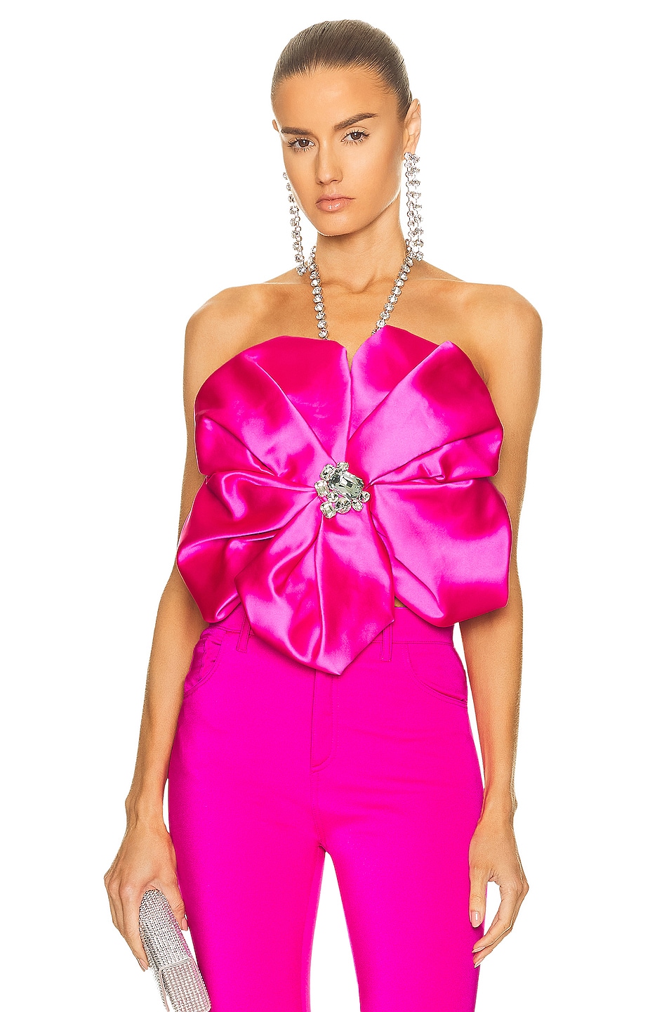 Image 1 of AREA Crystal Rosette Halter Top in Fluo Pink