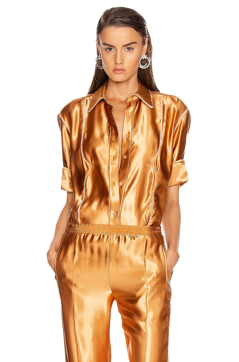 Image 1 of AREA Satin Western Shirt in Toffee