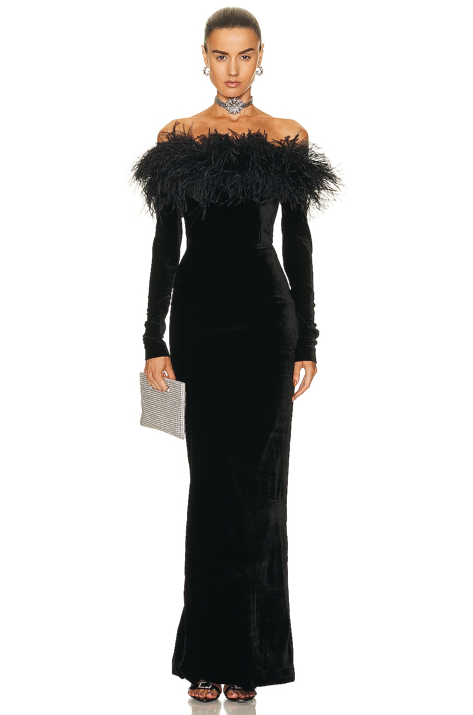 Image 1 of Alessandra Rich Velvet Feather Gown in Black