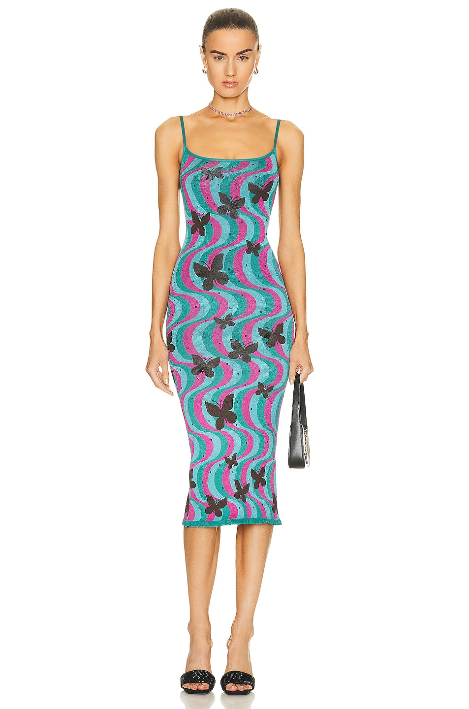 Image 1 of Alessandra Rich Jacquard Knit Midi Dress in Aqua & Multi