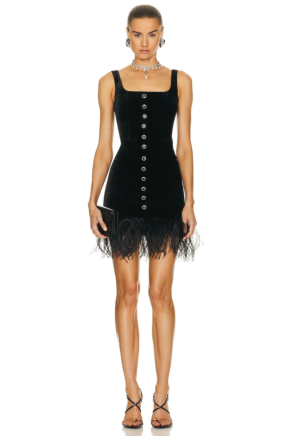 Image 1 of Alessandra Rich Velvet Mini Dress With Feathers in Black