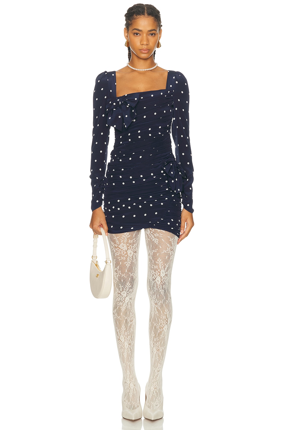 Image 1 of Alessandra Rich Long Sleeve Mini Dress in Navy Blue & White