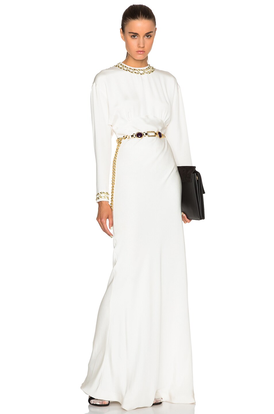 Image 1 of Alessandra Rich Drape Silk Dress with Embroidered Chain Collar in White