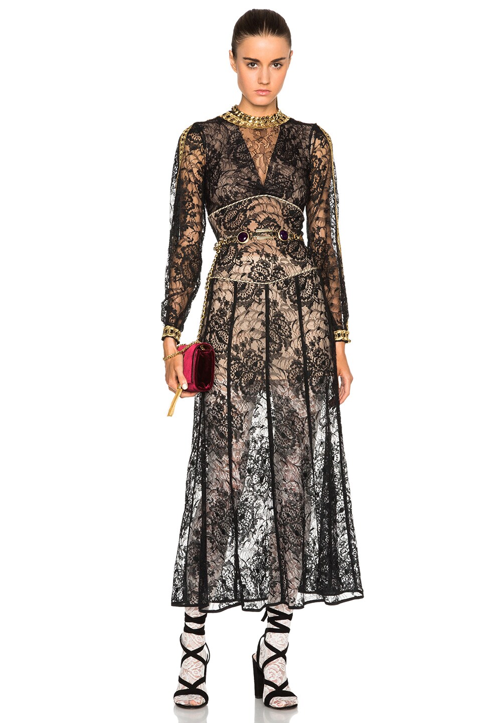 Image 1 of Alessandra Rich Peonia Lace Dress with Gold Macrame Chain in Black