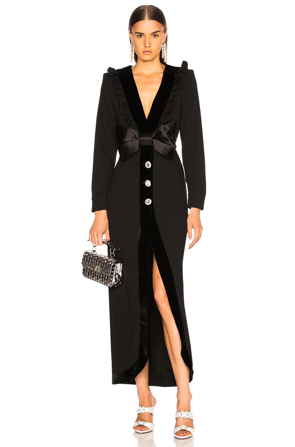 Image 1 of Alessandra Rich Crystal Detail Crepe Wool Dress in Black