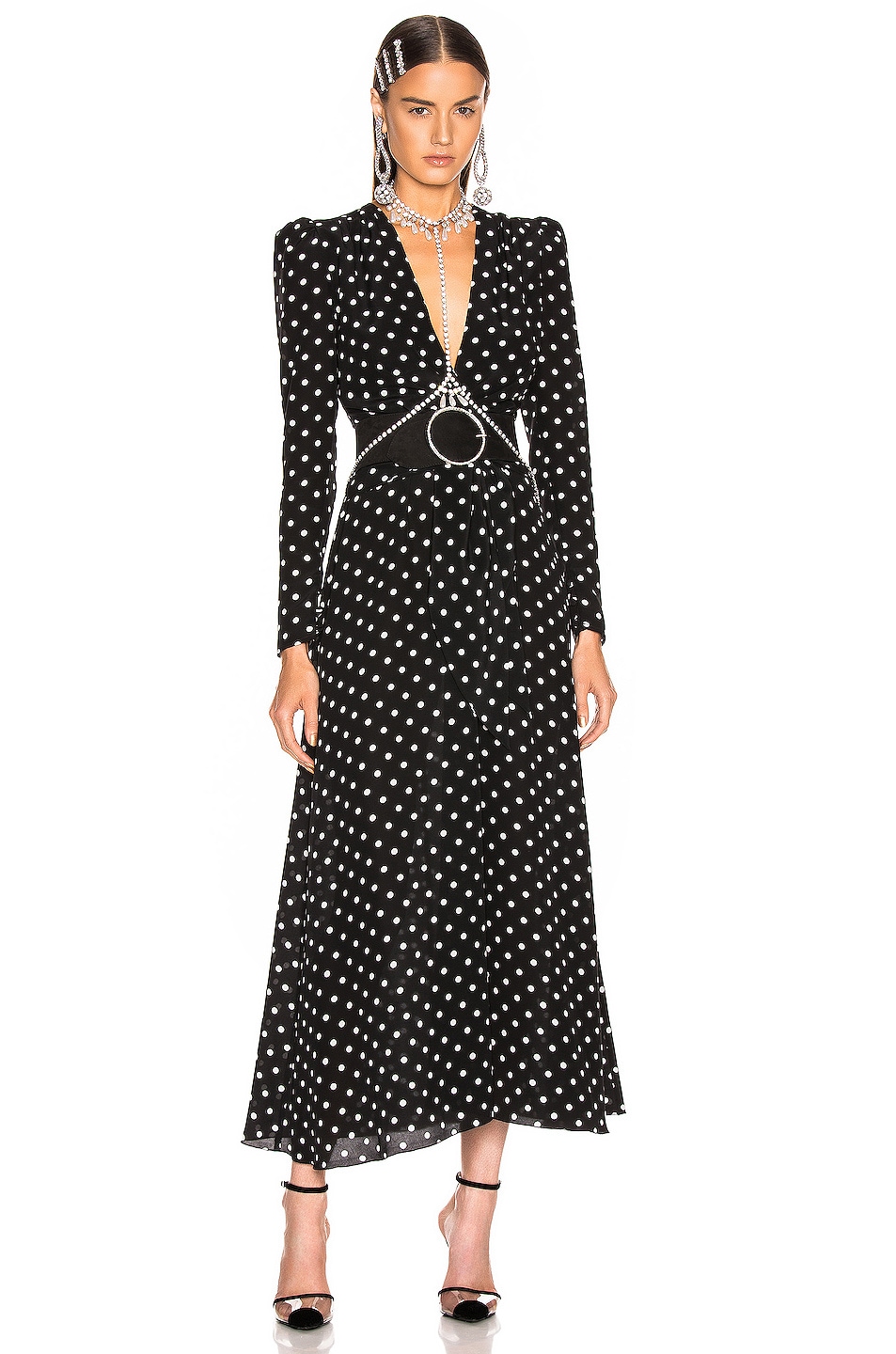 Image 1 of Alessandra Rich Polka Dot Tie Front Midi Dress in Black