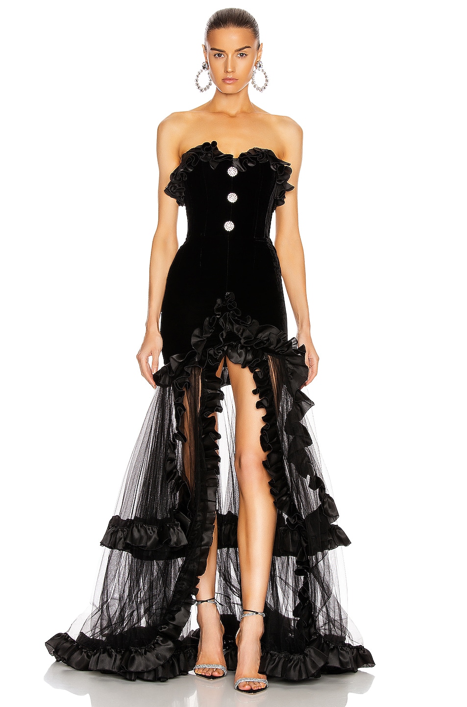 Image 1 of Alessandra Rich Strapless Velvet Gown With Ruffle Hem in Black