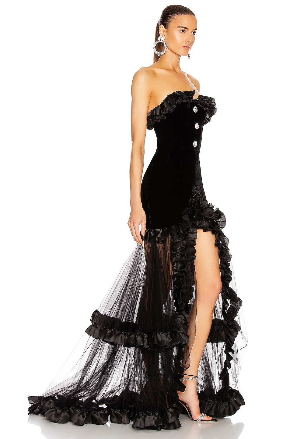 Alessandra Rich Strapless Velvet Gown With Ruffle Hem in Black | FWRD