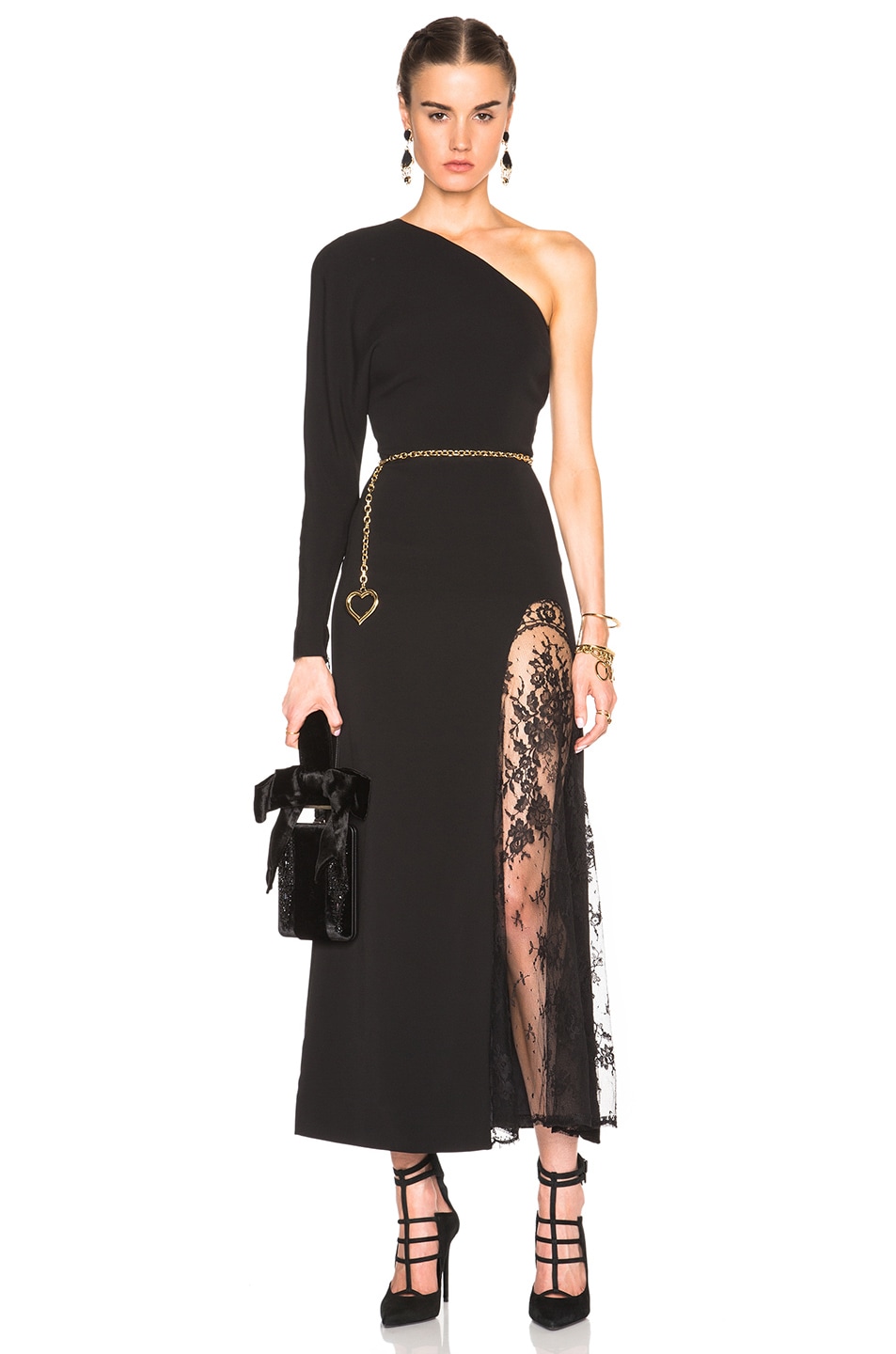 Image 1 of Alessandra Rich One Sleeve Lace Intarsia Dress in Black