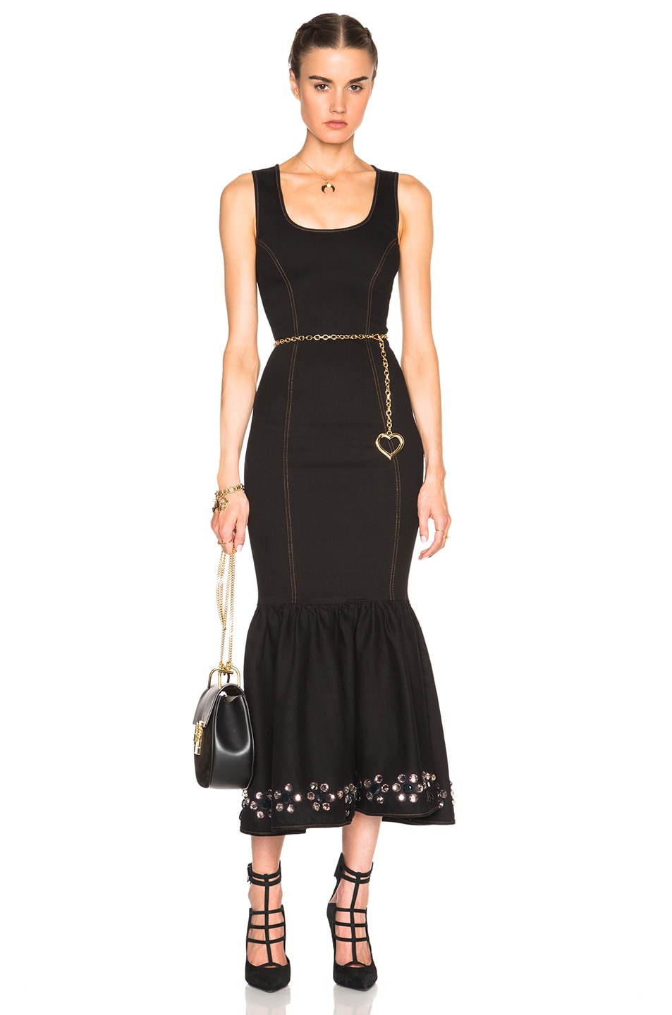 Image 1 of Alessandra Rich Stretch Denim Embellished Hem Dress in Black