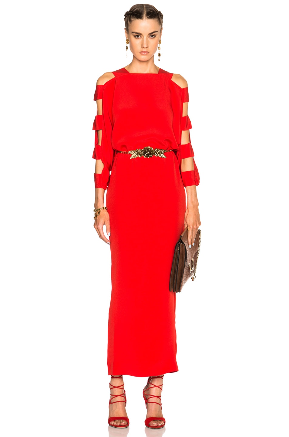 Image 1 of Alessandra Rich Silk Cut Out Sleeve Dress in Red