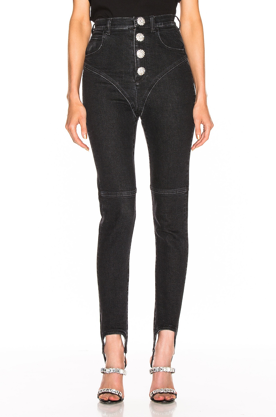 Alessandra Rich High Waisted Crystal Button Stirrup Jean in Black | FWRD