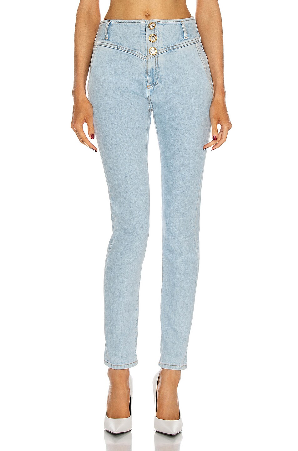 Image 1 of Alessandra Rich High Waisted Jeans With Crystal Buttons in Light Blue