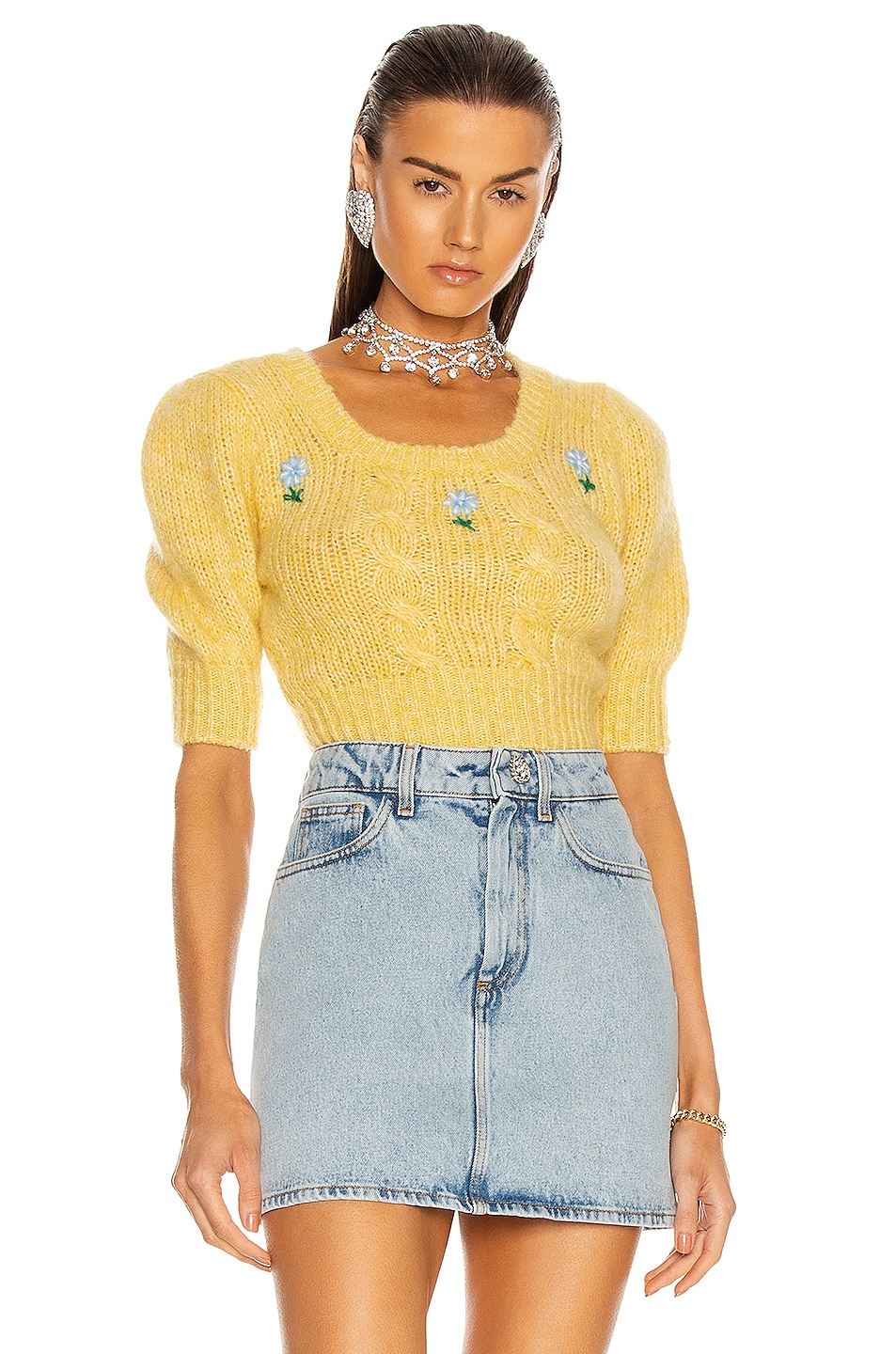 Image 1 of Alessandra Rich Wool Short Sleeve Floral Sweater in Light Yellow