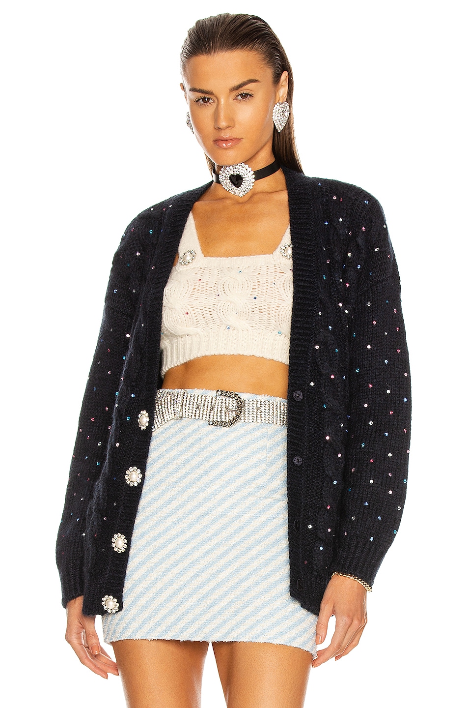 Image 1 of Alessandra Rich Wool Crystal Cardigan in Navy Blue